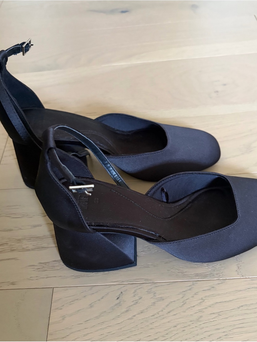 Zara Black Satin Block Heel Ankle-Strap Pumps